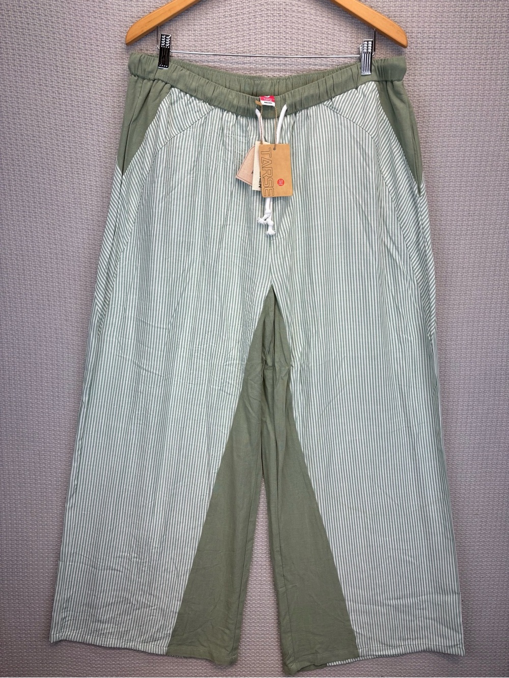 NWT TARSE Womens Linen Wide Leg Green Pants Casual Loose Drawstring Boho Sz 2XL